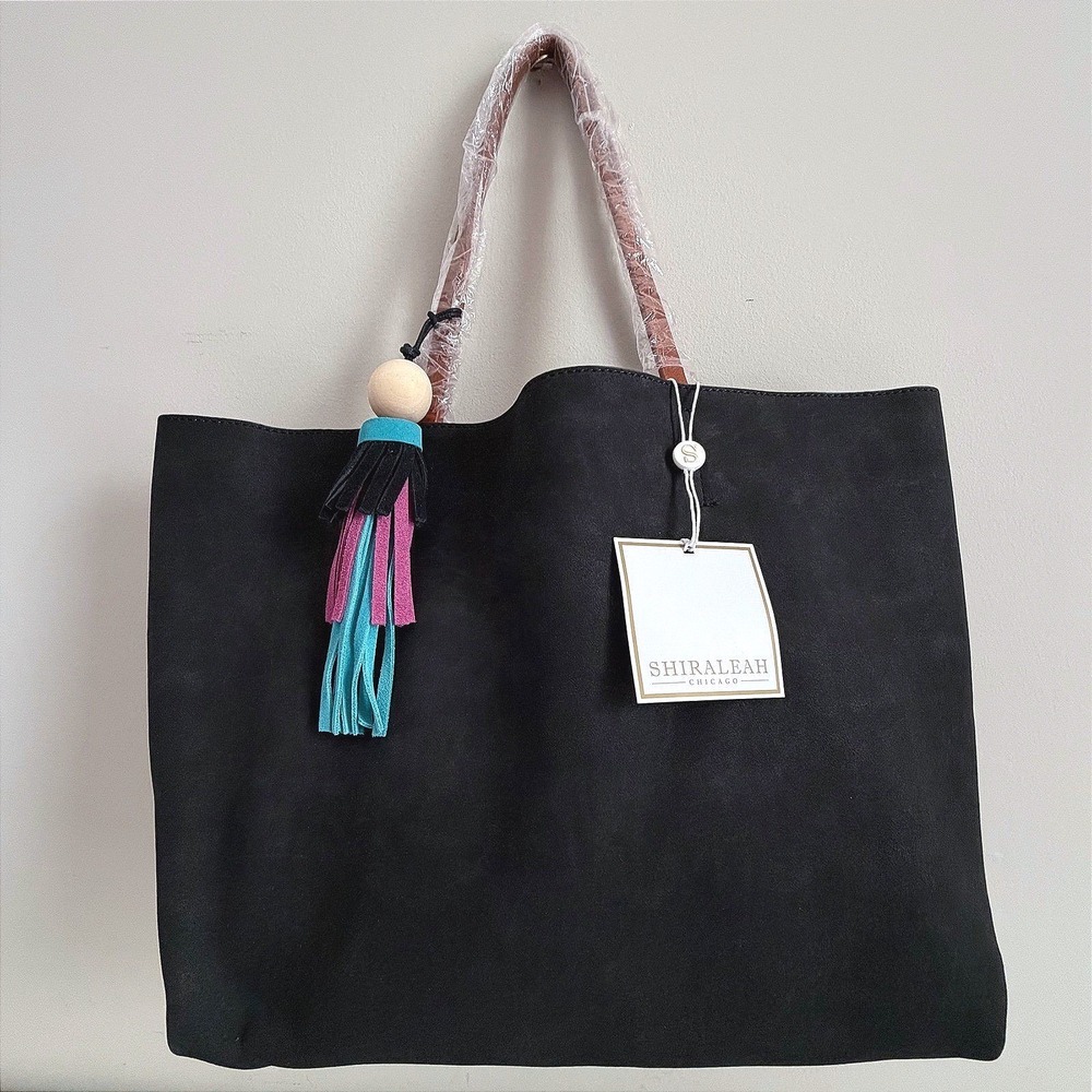 Shiraleah Boho Tote Bag Chicago Luz Black Vegan Suede Pouch and Tassel NWT
